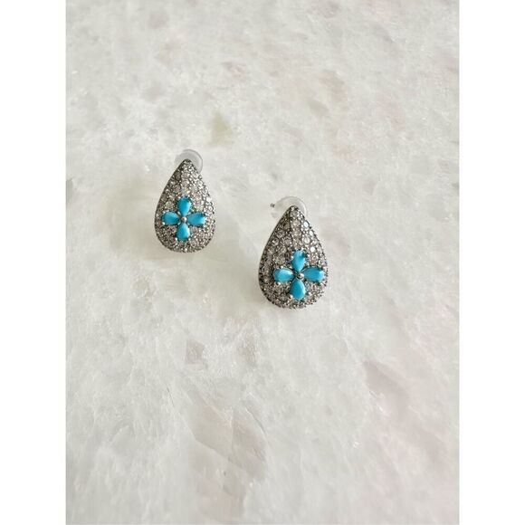 Cubic zirconia turquoise blue flower teardrop earrings ￼ - Picture 2 of 2